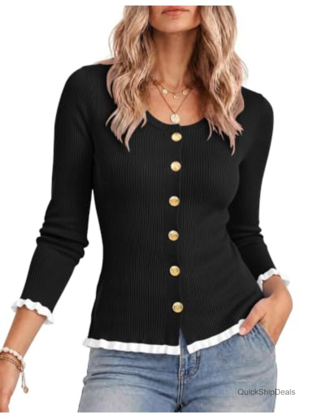 Ruffle Cardigan Sweater Lightweight Long Sleeve Button Women